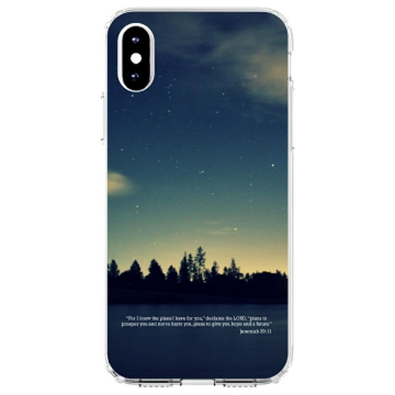 DistinctInk Clear Shockproof Hybrid Case for iPhone XR (6.1" Screen) - TPU Bumper, Acrylic Back, Tempered Glass Screen Protector - Night Sky Lake Jeremiah 29:11 - Show Your Love of Christ