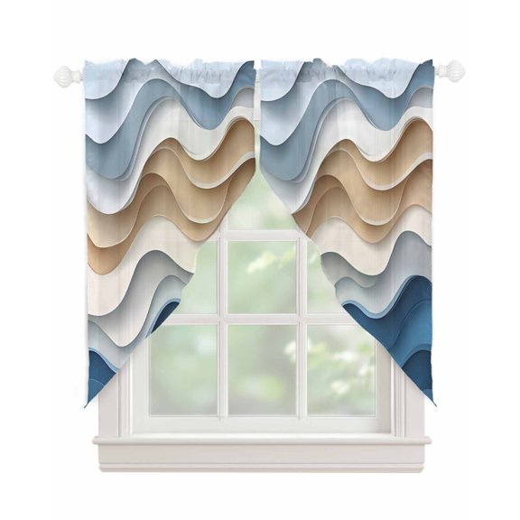 Beige Blue Ombre Swag Valances for Windows, Moire Abstract Artwork Rod Pocket Sheer Valances for Large Windows, Swag Toppers Light Filtering for Kitchen Living Room 2 Panels 36''x63''