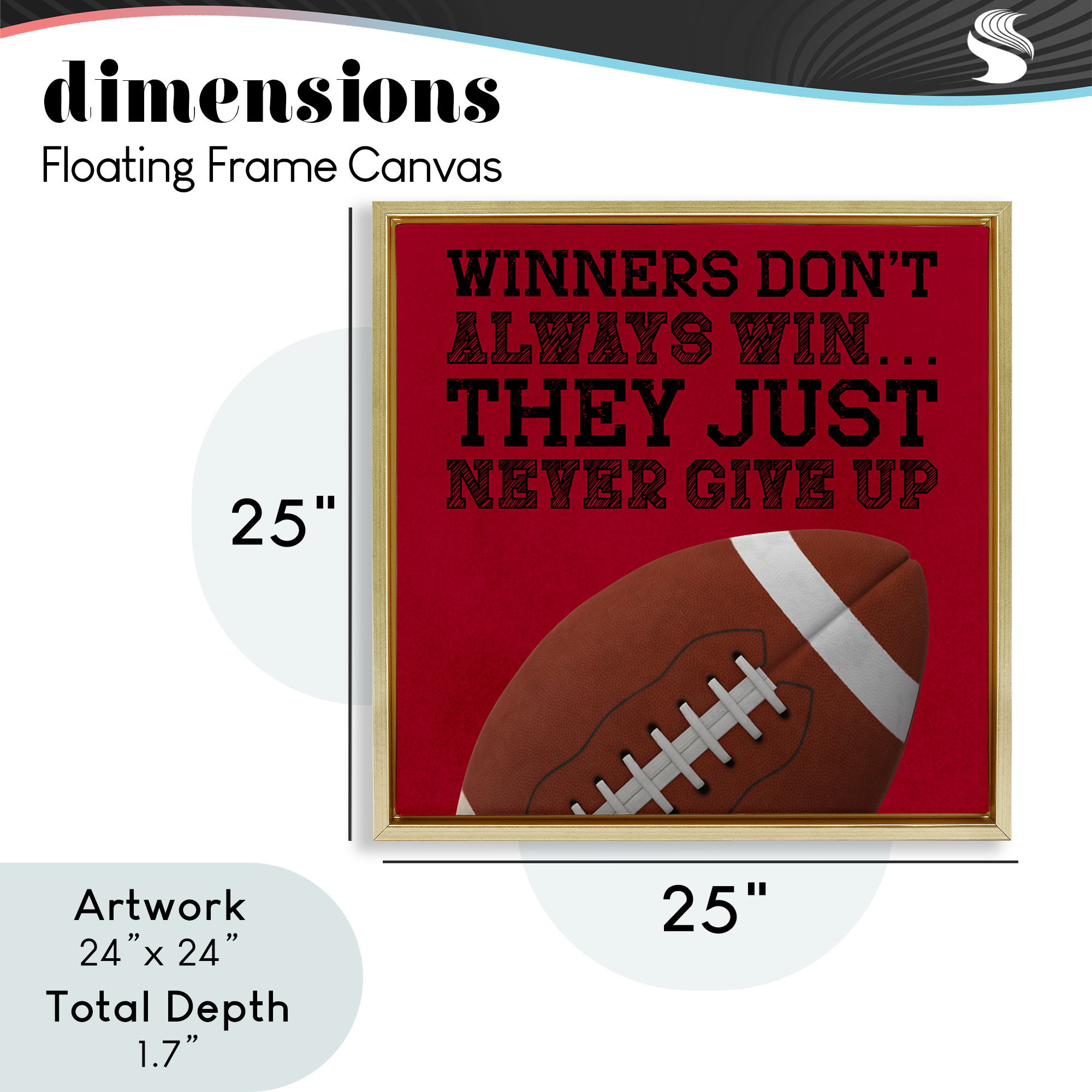 Winners Never Give Up Gold Framed Floater Canvas Wall Art, design by Marcus Prime