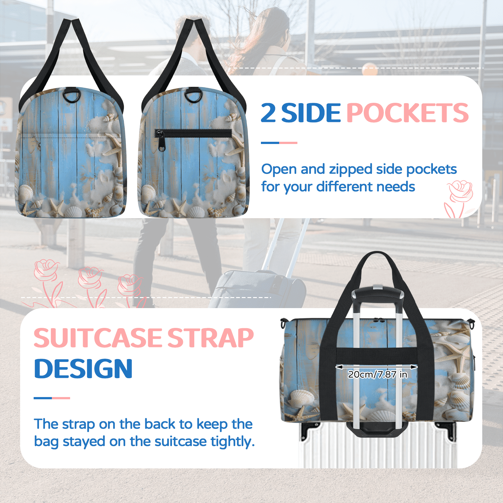Herdesigns Beach Theme Travel Duffle Bag Sports Yoga Weekender Overnight Carry on Workout Bags Lightweight Waterproof Gym Tote Bag for Women