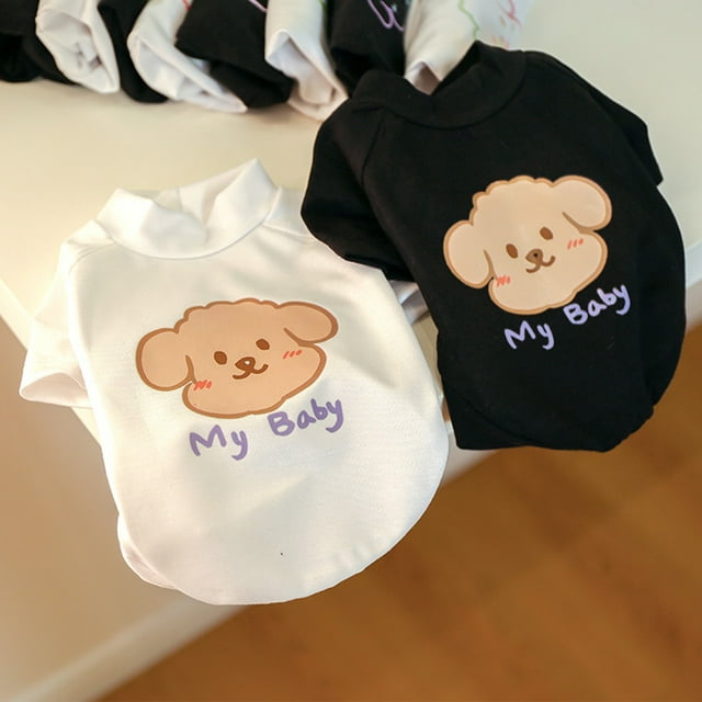 Flmtop Chien Costume Dessin Animé Impression Adorable Polyester Fluorescent Lettre Chiot Pull-Over Blouse pour Été Blanc 2
