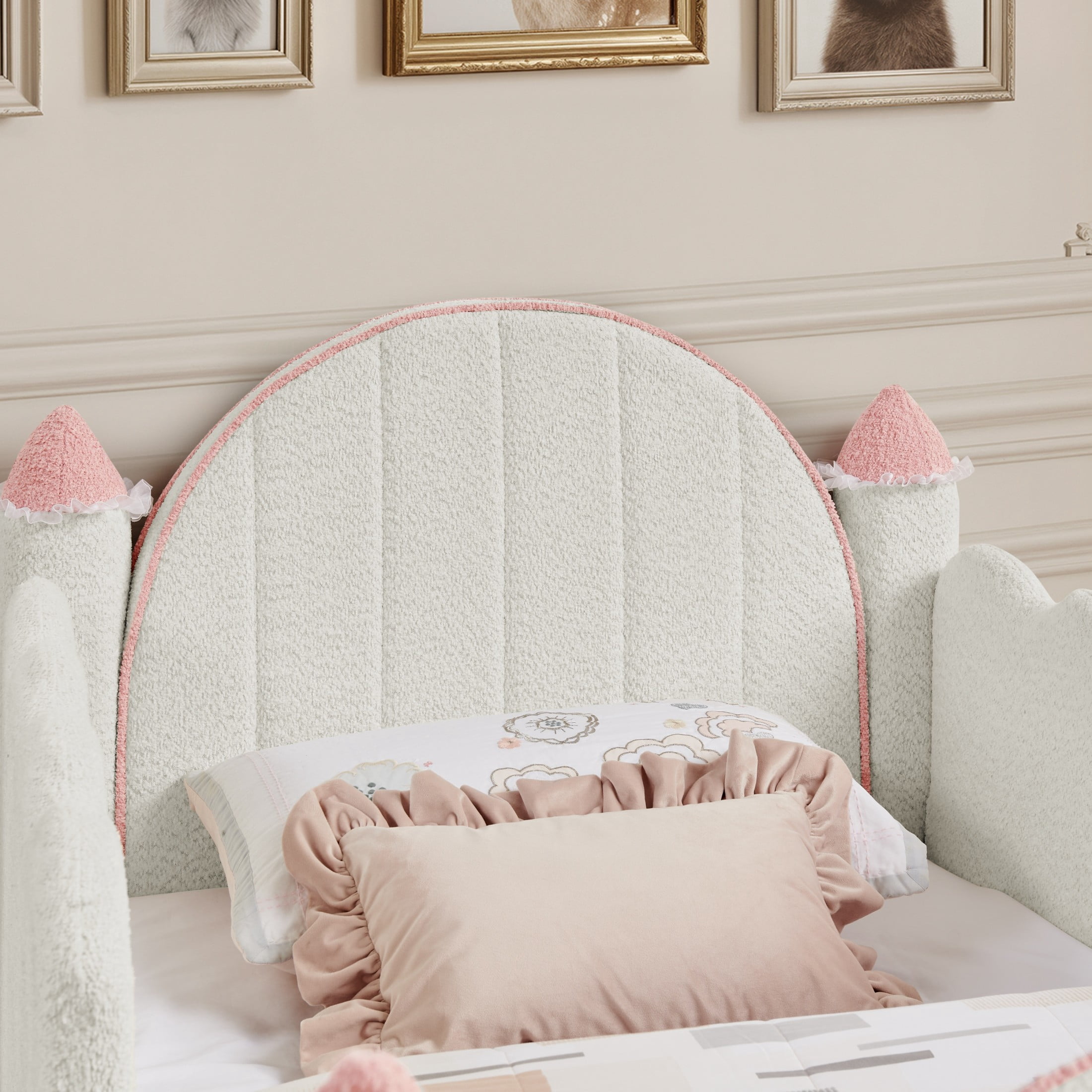 GDF Studio Solley Twin Size Castle Bed with Safety Guardrails, Curtain & Wood Frame, Boucle Upholstered Bed, White