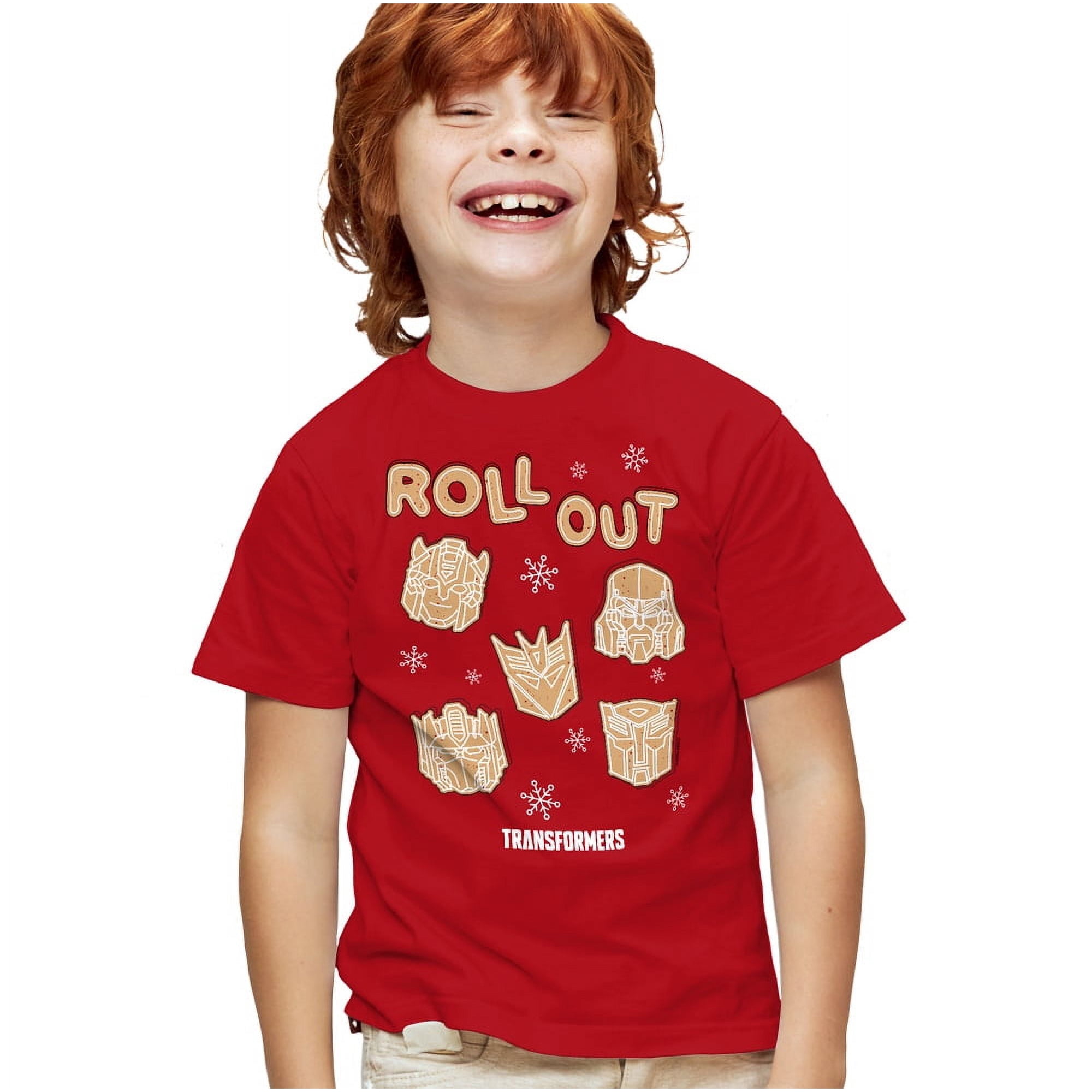 Transformers Roll Out Christmas Cookies Kids T Shirt for Youth Boys and Girls, Red, Large
