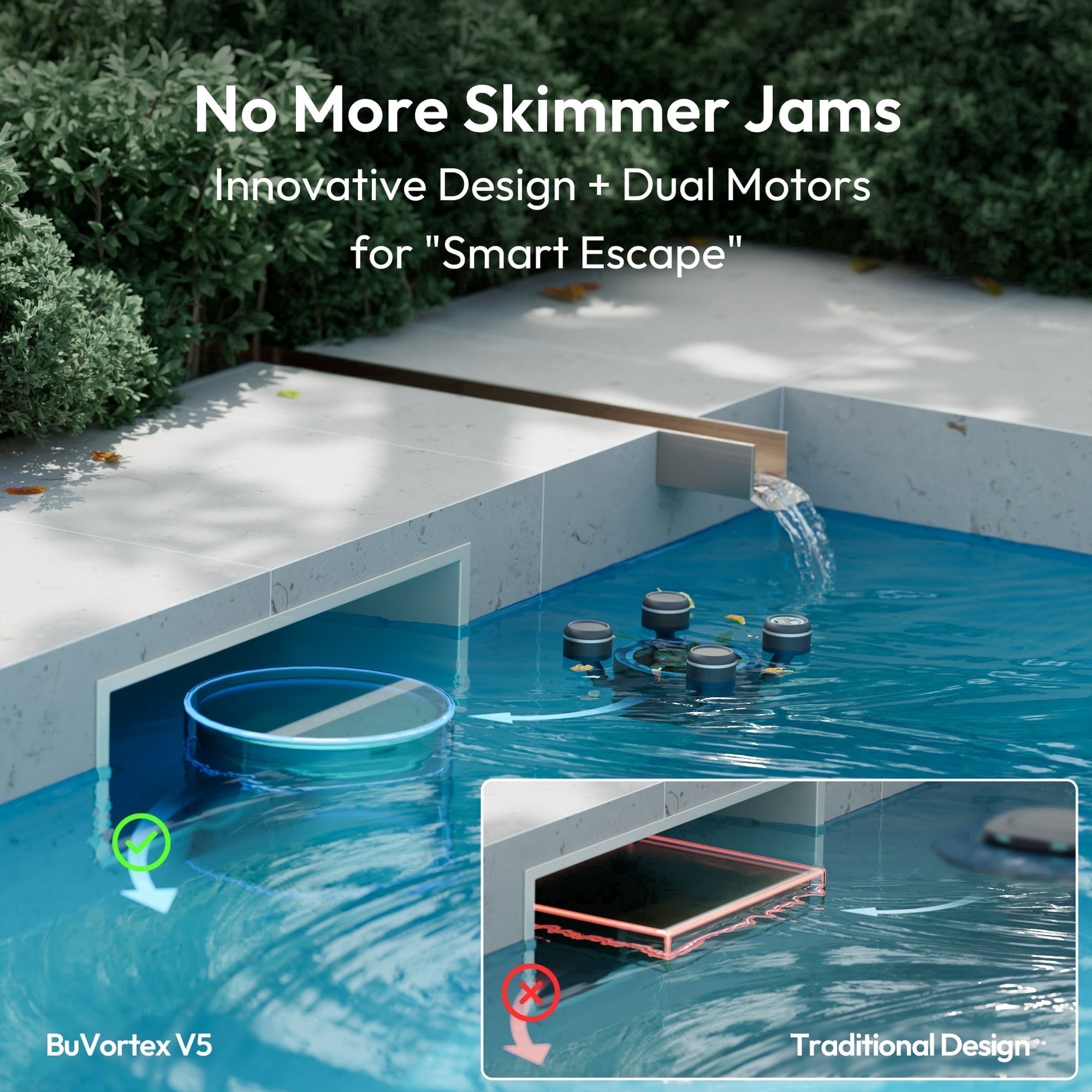 BuVortex V5 Robotic Surface Skimmer, Pool Cleaner with Powerful Suction, Dual Motor, 5L Filter, Dual Cleaning Modes, Smart App Control, One-Tap Docking, LED, AI Navigation