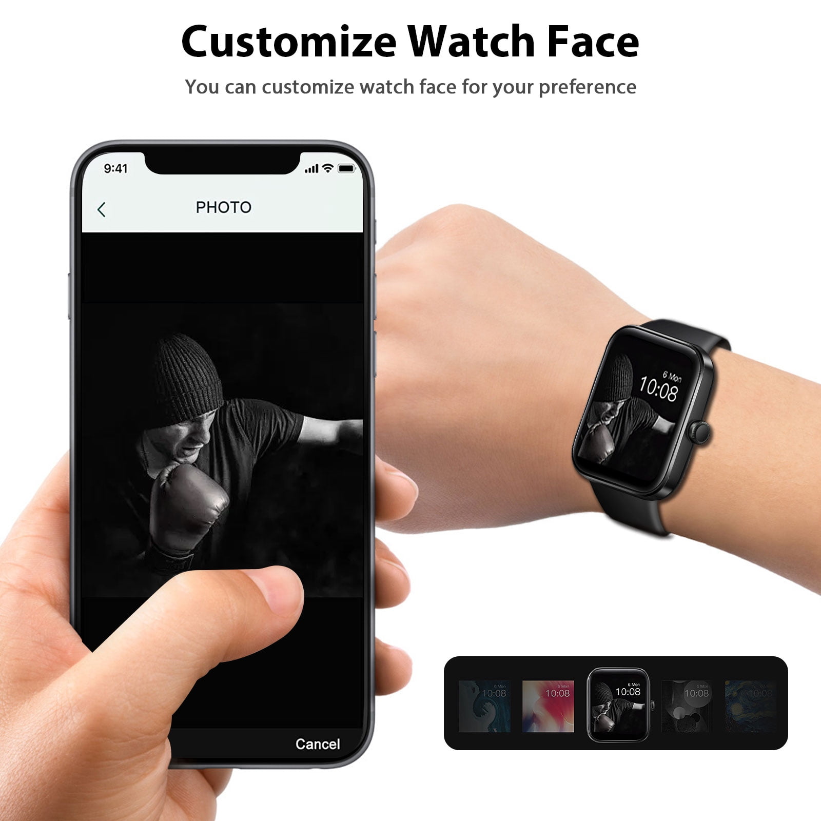 TSV Smart Watch, 1.3" Touch Screen Waterproof Fitness Band Smartwatch Compatible with Android & iOS, Black