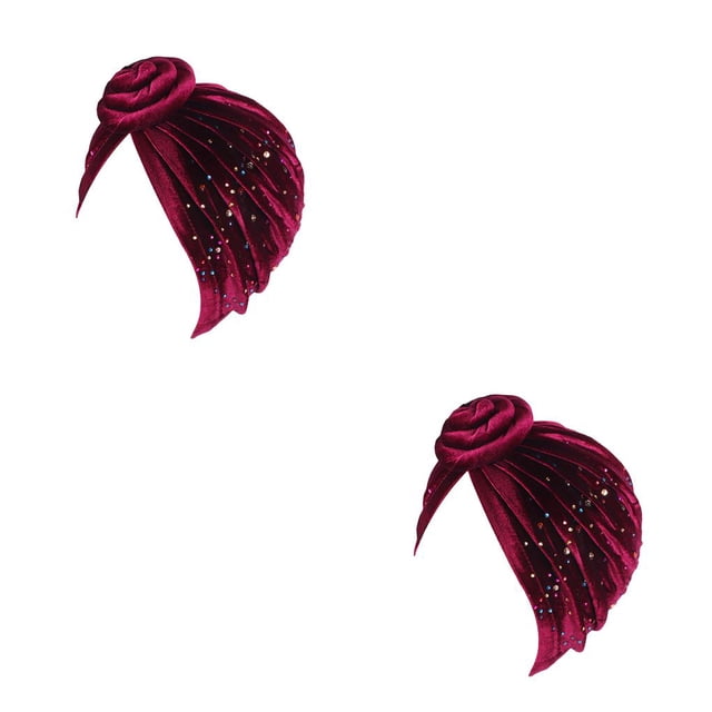 Sonducket Hijab musulmán preatado con nudo de turbante, cuentas de taladro coloridas, envoltura ajustable para la cabeza, sombreros de moda, capó con Vino rojo 2piezas Sonducket CBP393915