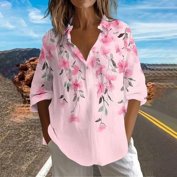 Sakmal Trendy Womens Blouses Plus Size Button Down Pink Tops V Neck Floral Long Sleeve Tops for Women