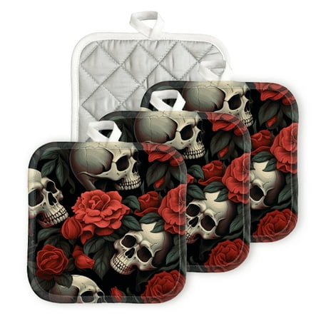 

BaHomeck Pot Holders 4pcs dacron Made Square heat-resisting mat Machine Washable for Kitchen Oven Hot Pads 6.7inch*6.7inch Skulls And Red Roses In The Style Of Vector Art