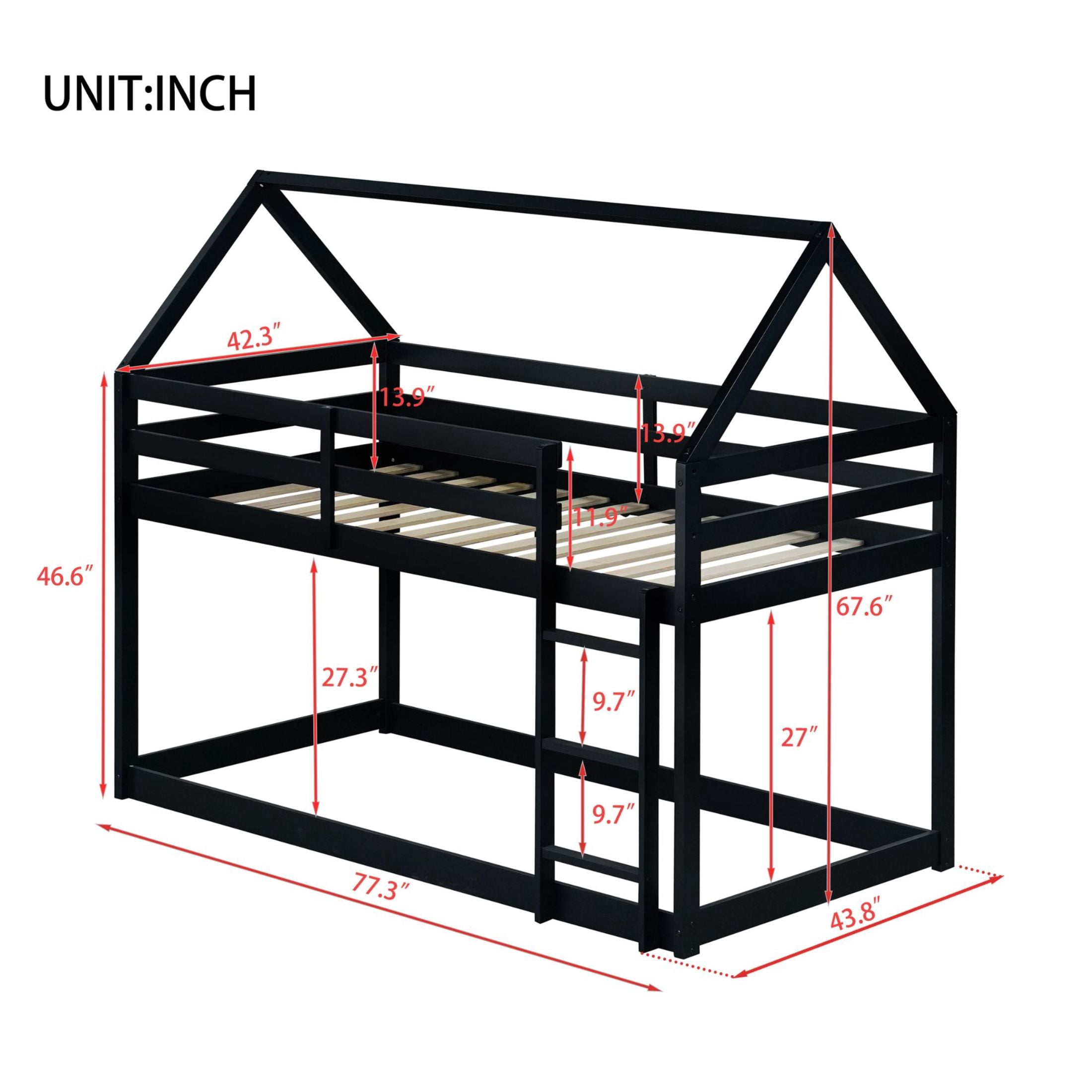 Noble House Sasa Twin over Twin Rubber Wood House Bunk Bed, Low Floor Design with Guardrails and Ladder, Black