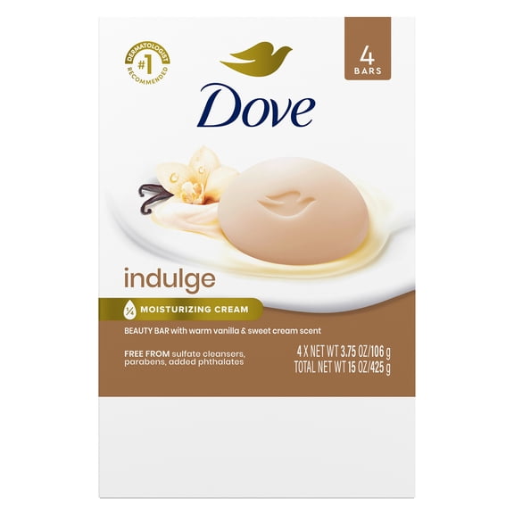 Dove Indulge Bar Soap Warm Vanilla   Sweet Cream for Hydrated & Soft Skin, 4 Bars
