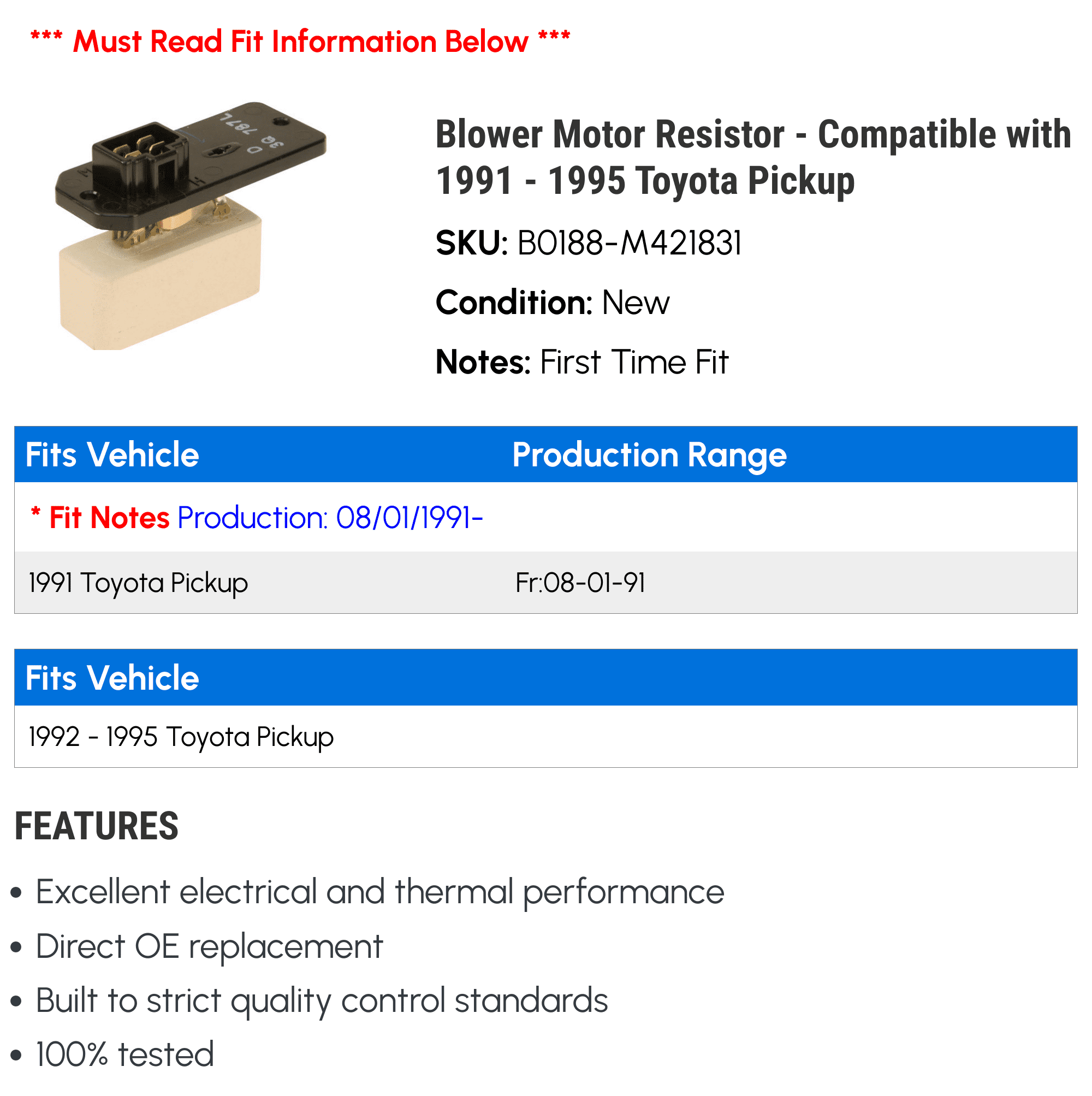 Blower Motor Resistor - Compatible with 1991 - 1995 Toyota Pickup 1992 1993 1994