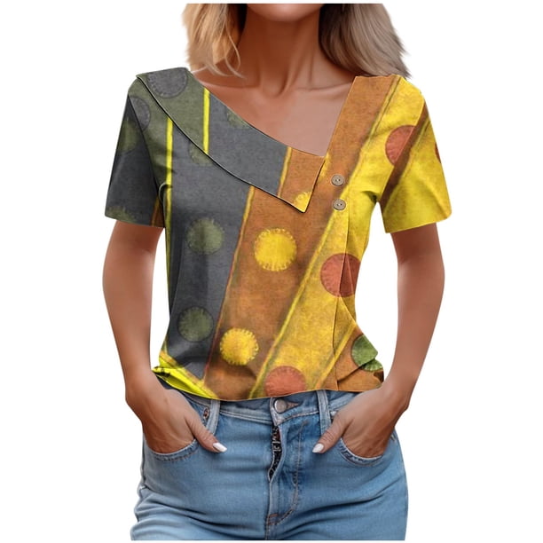 Tops de Algodón para Mujeres Cuello en V Casual de Manga Corta, Imitación Algodón Primavera Y Blusa de Verano