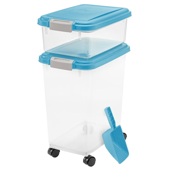 IRIS USA 30 lbs & 11 lbs Combo Airtight Dog Food Storage Container, Stackable Treat Box, 2-Cup Scoop, Casters, Keep Fresh, Easy Mobility, Blue Moon