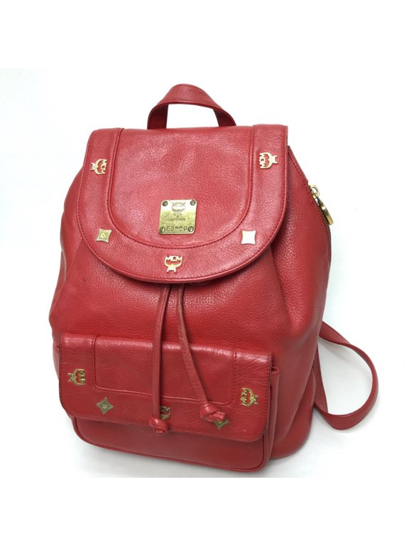 Pre-Owned MCM Town Backpack with Logo Plate, Leather, Women's, Red