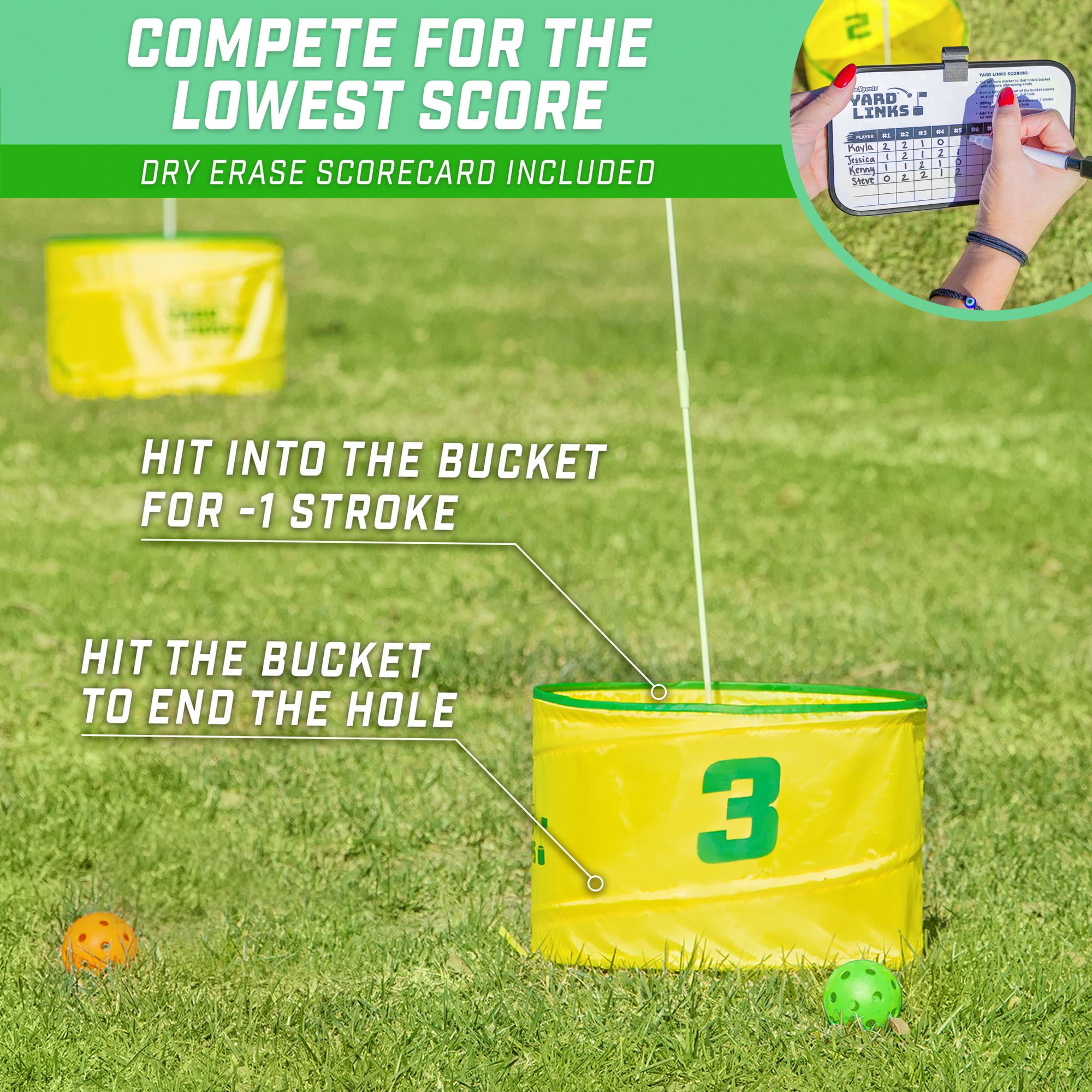 GoSports Yard Links Golf Game with 3 Buckets, Tee Markers and 4 Balls