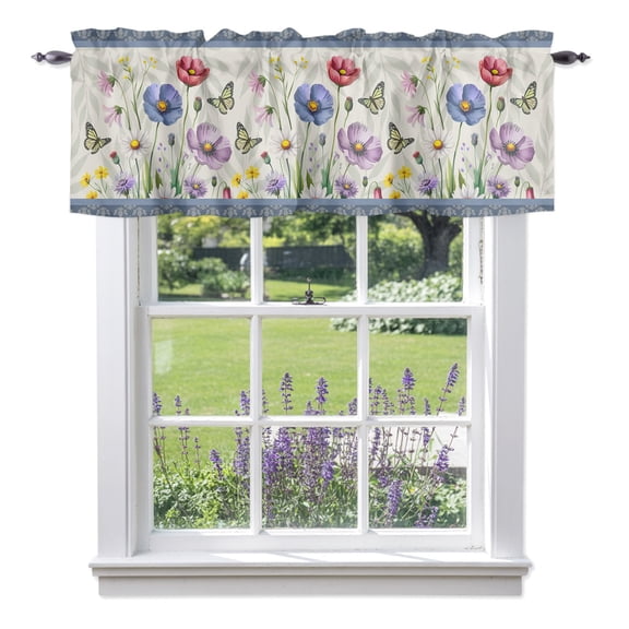 Spring Florals Valances for Windows, Daisy Wildflowers Butterfly Gray Blue Border Valance Window Treatment Rod Pocket Short Curtains Valances for Kitchen Bathroom 42"W x 12"L