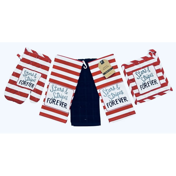 Serafina Home Summer Kitchen Pot Holder Oven Mitt Dish Towel Set, 4 Piece, Red White Blue God Stars And Stripes Design