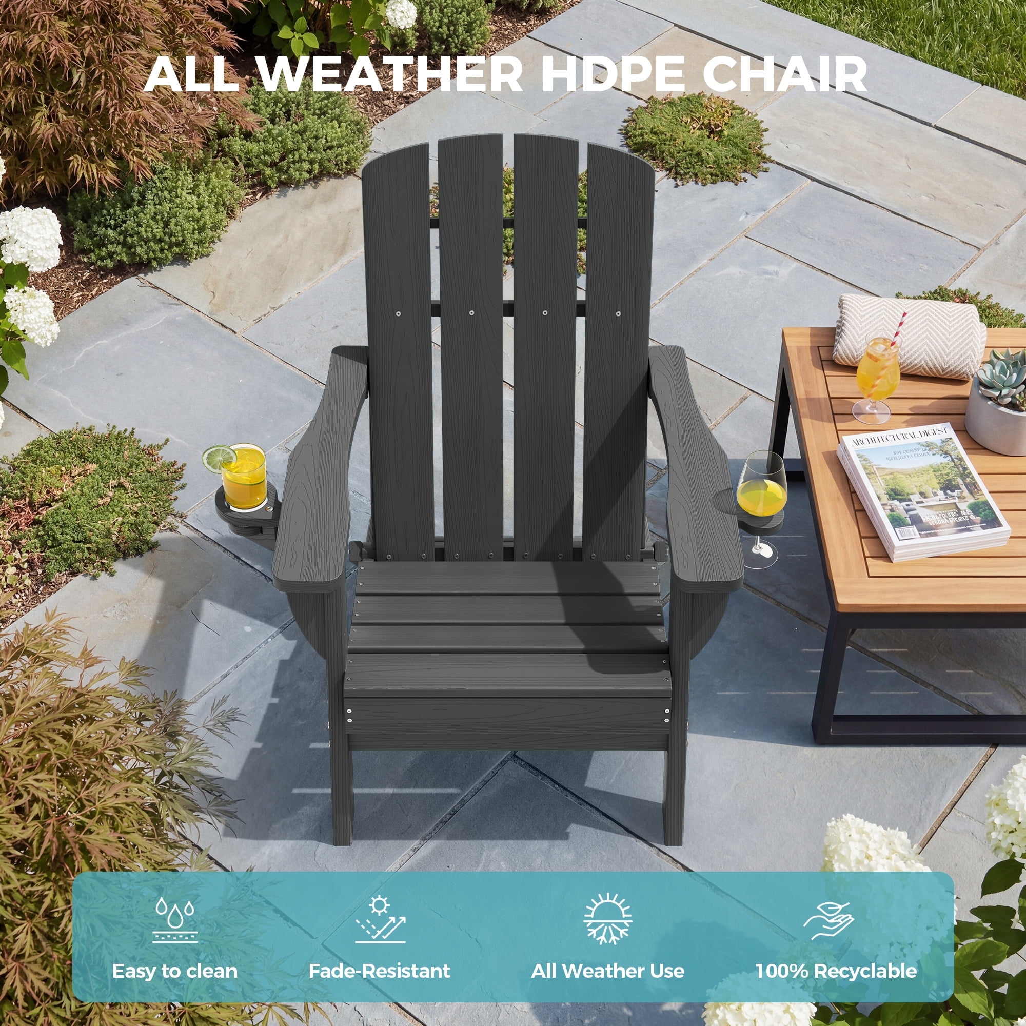 Outdoor Adirondack Chair, Outdoor Folding All-Weather HDPE Adirondack Chairs with 2 Cup Holders for Patio, Gray