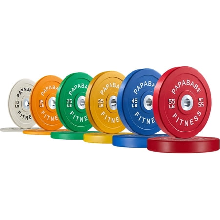 papababe Bumper Plate 2-inch Set, Color Coded Olympic Bumper Plate with Steel Hub, Bumper Weights Set with High Density Rubber 370LB(2x10+2x15+2x25+2x35+2x45+2x55LB)
