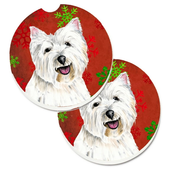 Westie Red and Green Snowflakes Holiday Christmas Set of 2 Cup Holder Car Coasters