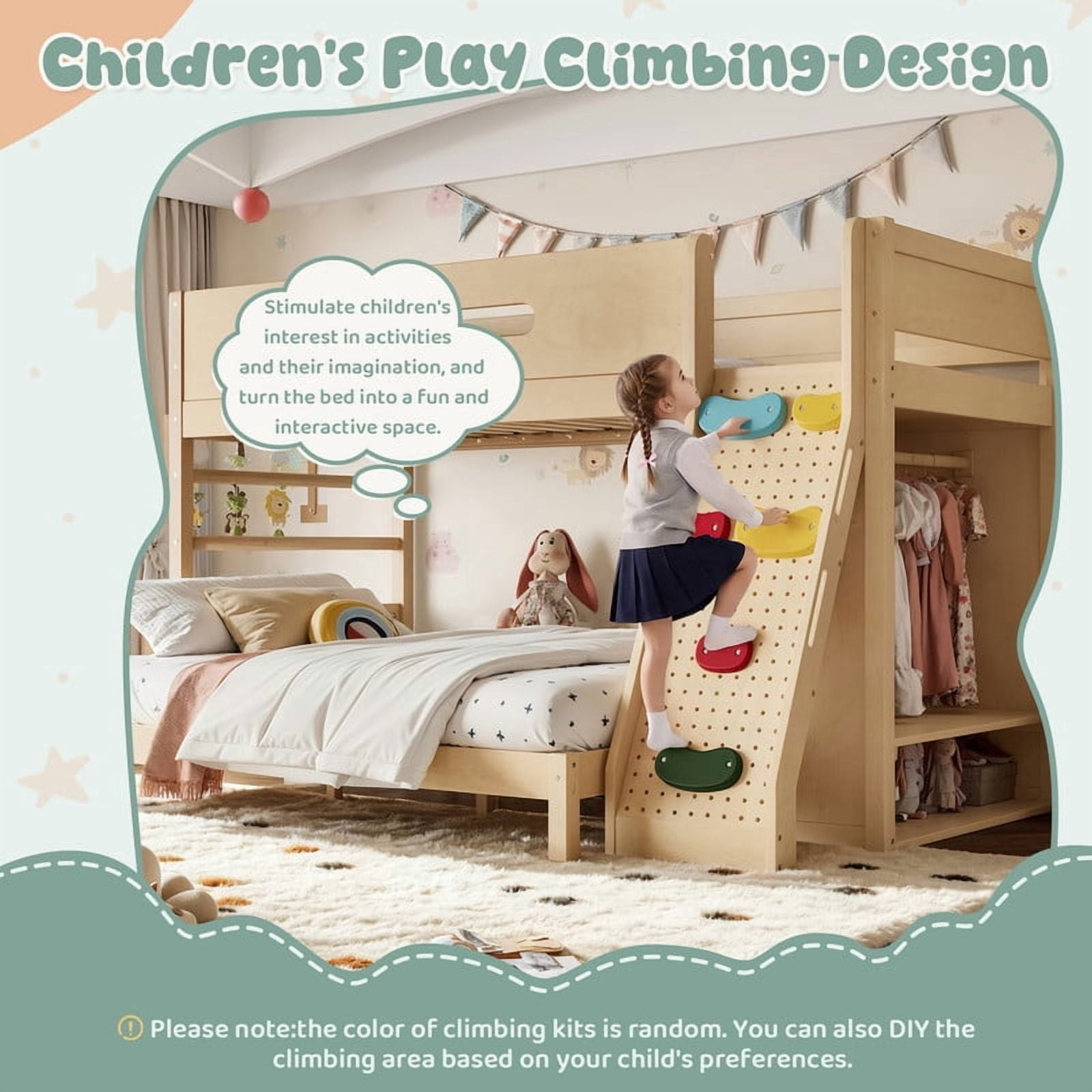Twin XL Over Queen Bunk Bed with Built-In Wardrobe & Storage, Solid Wood Kids Bunk Bed with Guardrails, Rock Climbing Wall & Upgraded Slats, No Box Spring Needed