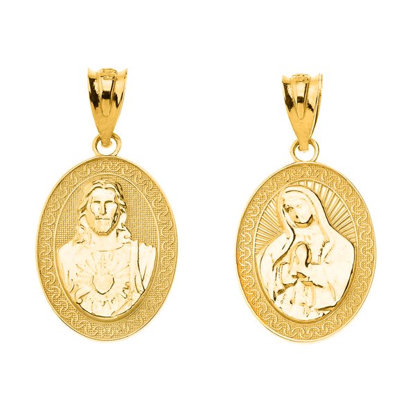 Solid Gold Reversible Virgin Mary and Jesus Christ Oval (10K Yellow Gold, Pendant)