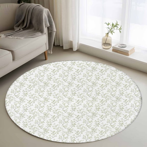 Sage Green Botanical Round Area Rug 4 FT, Non Slip Indoor Outdoor Rug, Plant Flower Floral Tree Branch Washable Soft Circular Carpet Non-Shedding Floor Mat for Coffee Table Nursery Foyer Balcony