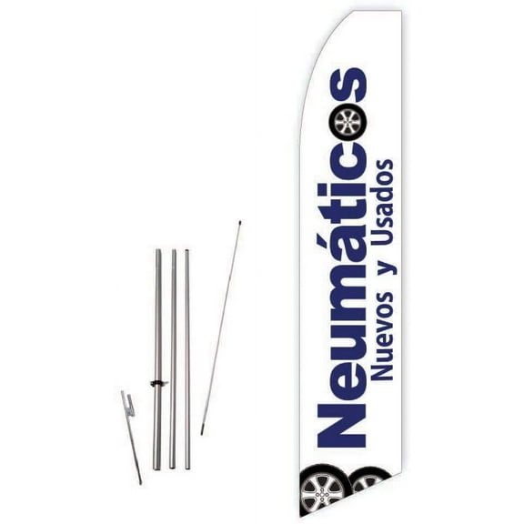 Neumaticos Nuevos Y Usados White Super Novo Feather Flag - Complete with 15ft Pole Set and Ground Spike