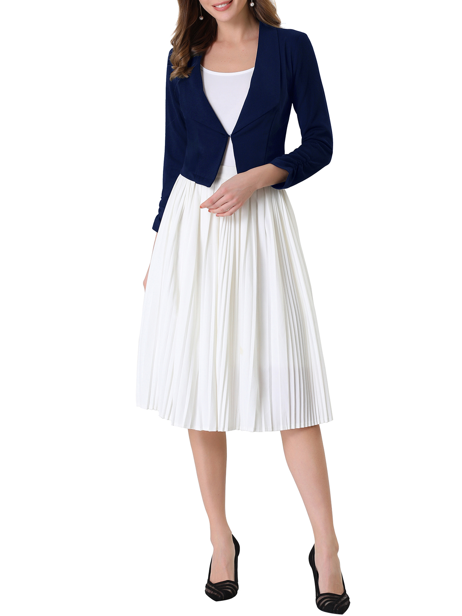 DARING DIVA Women's Notched Lapel Ruched Sleeve Crop Blazer M Dark Blue