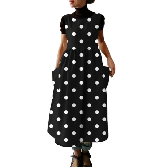 Bosfbaoi Women's Sleeveless Polka Dot Maxi Dress, Pinafore Style Loose Fit Dress with Pockets, Soft Breathable Casual Sundress for Daily Wear