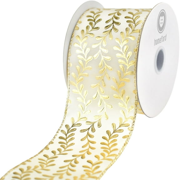 Homeford Christmas Metallic Embossed Vines Satin Wired Ribbon, Gold, 2-1/2-inch, 10-yard