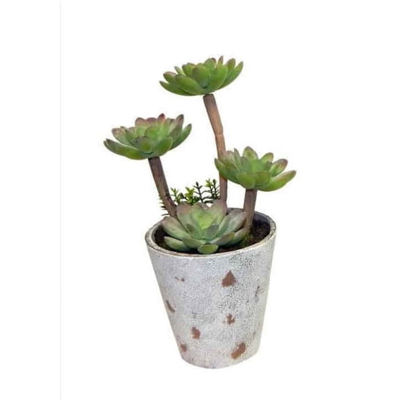 Bonsai Succulent 9in Artificial Polysilk Faux Greenery Fake Flower Arrangement in Painted White Pot for Craft Home Garden Outdoor Wedding Table Aisle Decor (Green, One each)