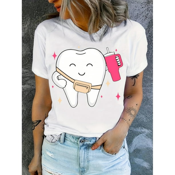 Fun Dental Print T-Shirt for Women - Casual Crew Neck, Soft Cotton Blend, Machine Washable - Perfect for Summer