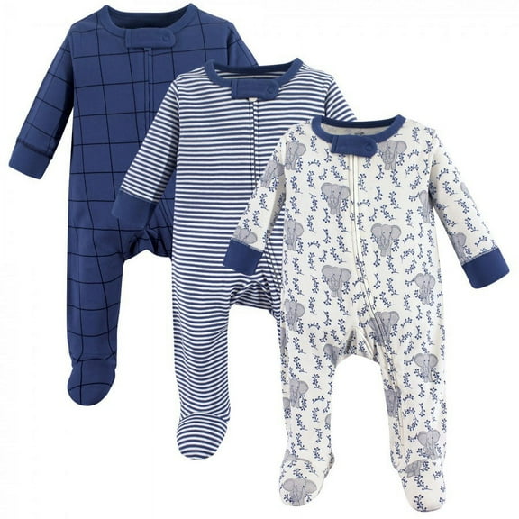 Touched by Nature Baby Boy Organic Cotton Zipper Sleep and Play 3pk, Elephant, 0-3 Months
