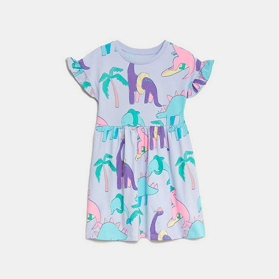 Ulitacool 18-24 Months Flower Girl Dress Cartoon Dinosaur Print Dress Summer Short Sleeve Princess Round Neck Trend Outfits Light Blue