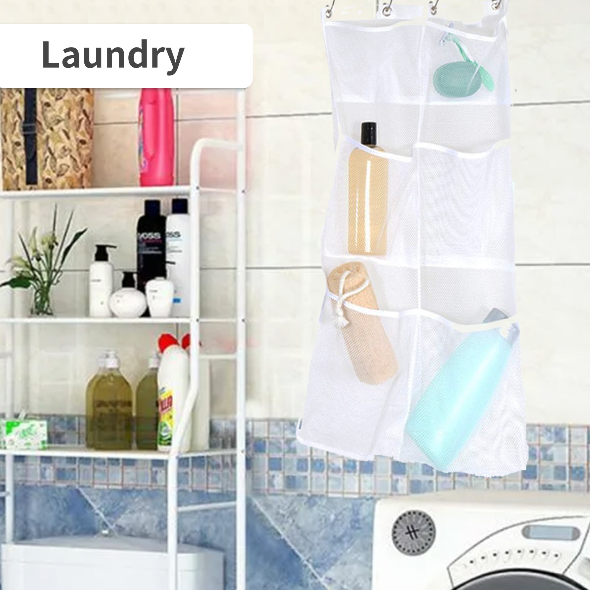 STARUBY 7 Pockets Mesh Shower Caddy Bathroom Hanging Mesh Bath Organizer  Shower Curtains Rod Hanging Caddies with 3 Hanging Rings and 3 Hooks for  Selection, 17 x 26 Inch, White_Staruby