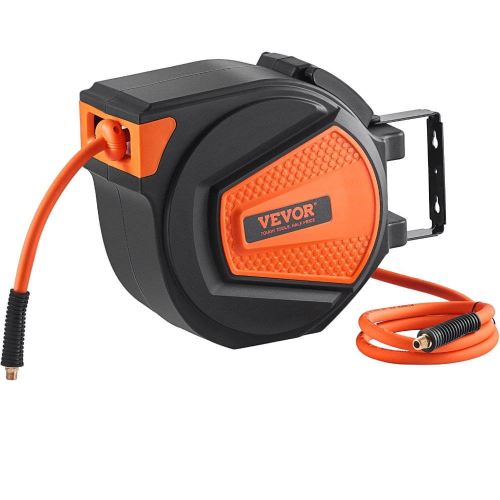 Air Compressor Hose Reel Enclosed Wall/Ceiling Mount with 180° Swivel - 3/8" x 50ft Hybrid Hose, 300 PSI, 5ft Lead-in