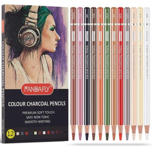 PANDAFLY Ensemble de Crayons de Charbon de Couleur Professionnel, Crayons de Couleur Ton de Peau, Craies Pastel pour Croquis, Ombrage, Coloriage, Superposition et Mélange, 12 Couleurs