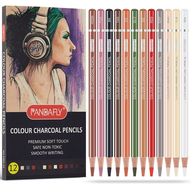 PANDAFLY Professional Colored Charcoal Pencils Drawing Set, Skin Tone Colored Pencils, Pastel Chalk Pencils for Sketching, Shading, Coloring, Layering & Blending, 12 Colors