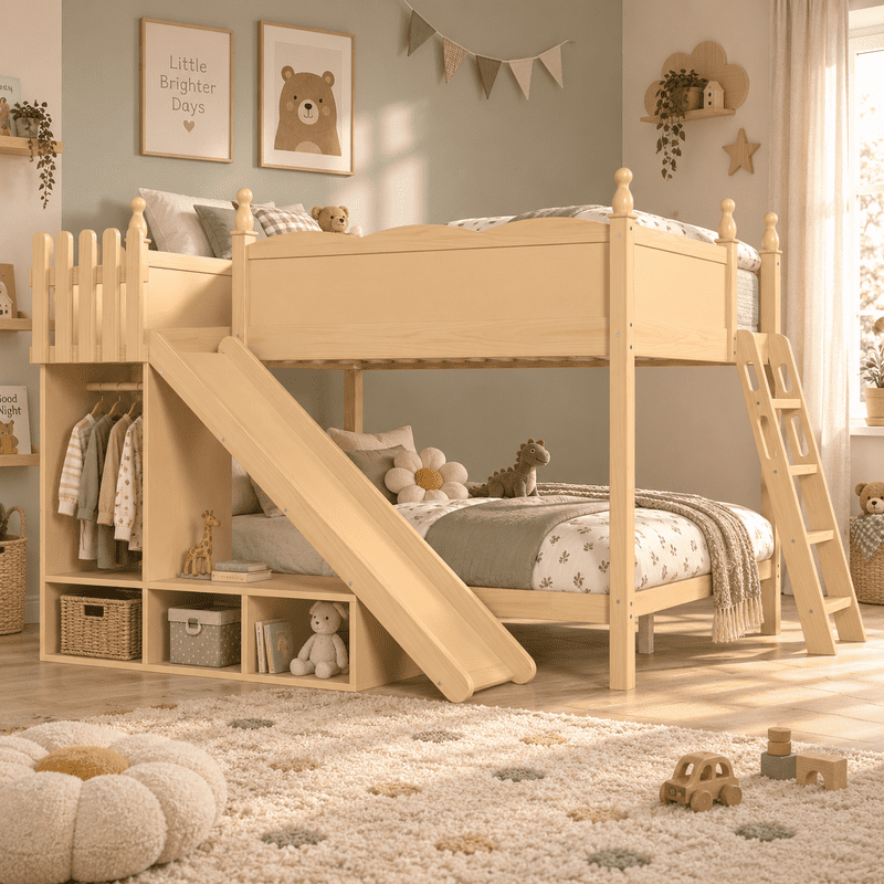 Full Over Full Bunk Bed with Slide and Ladder, Solid Wood Kids Bunk Bed with Storage Shelves and Hanging Rod, Low Profile Design, Full-Length Guardrails