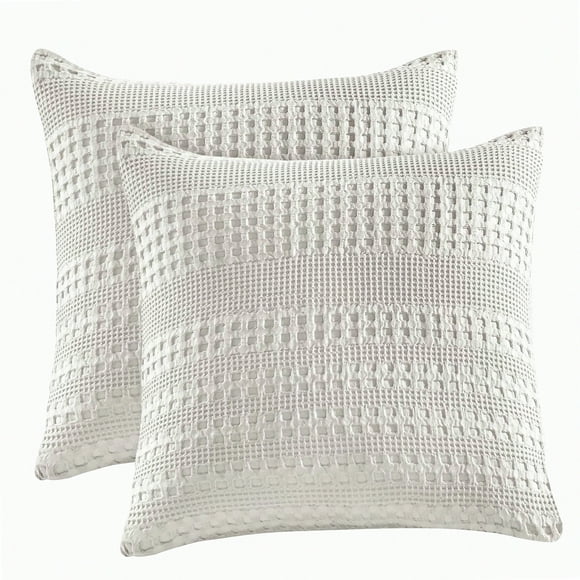 Luxury Cotton Waffle Throw Pillow Covers - Set of 2, 24x24 Square Shell Covers for Elegant Home Decor, No Insert Needed - Light Grey
