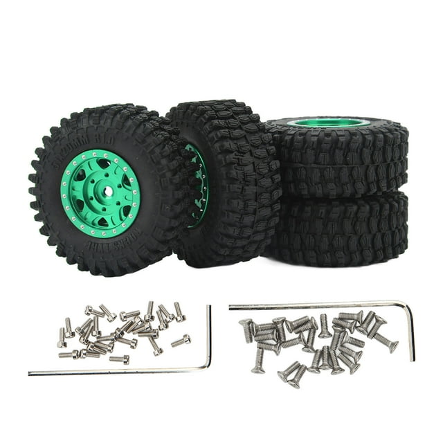 4 Uds 1/24 neumáticos de goma aleación de aluminio textura de desigualdad profunda ruedas RC de amortiguación fuerte para coche 1/24 RC verde