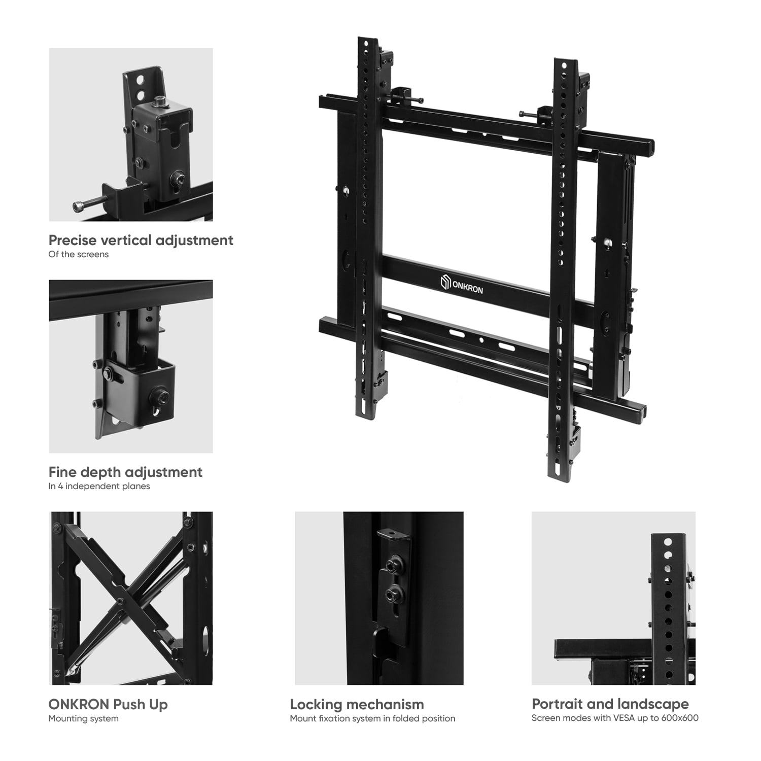 ONKRON Adjustable Video Wall Mount for 50 – 70 Inch TV Mount , Video Walls and Panels up to 110 lbs , Video Wall Mounting System - max VESA 600x600 - Large TV Wall Mount / TV Mounting Bracket Black