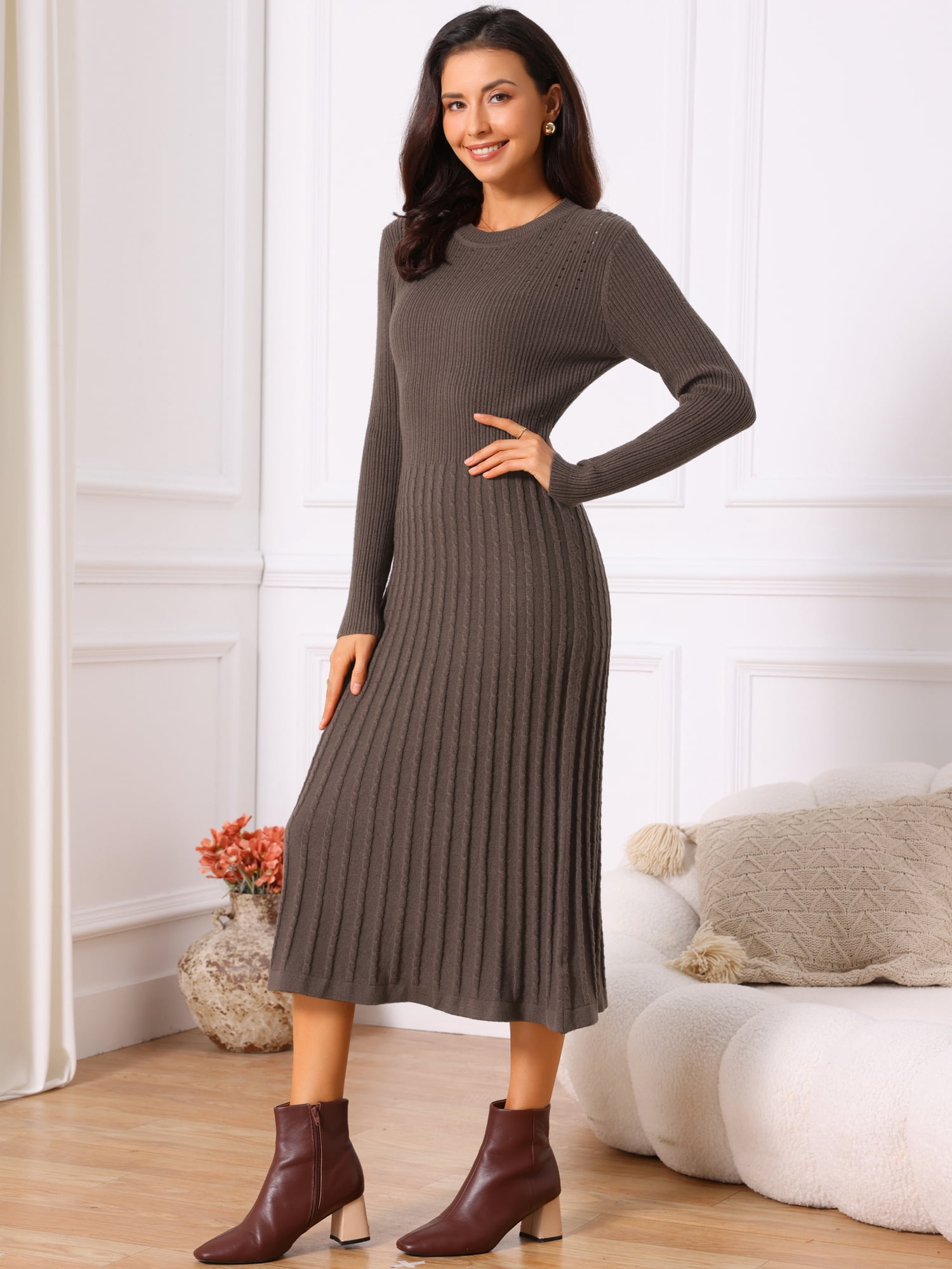 DARING DIVA Women's Long Sleeve Sweater Fall Crewneck Ribbed Knit Dress XL Coffee