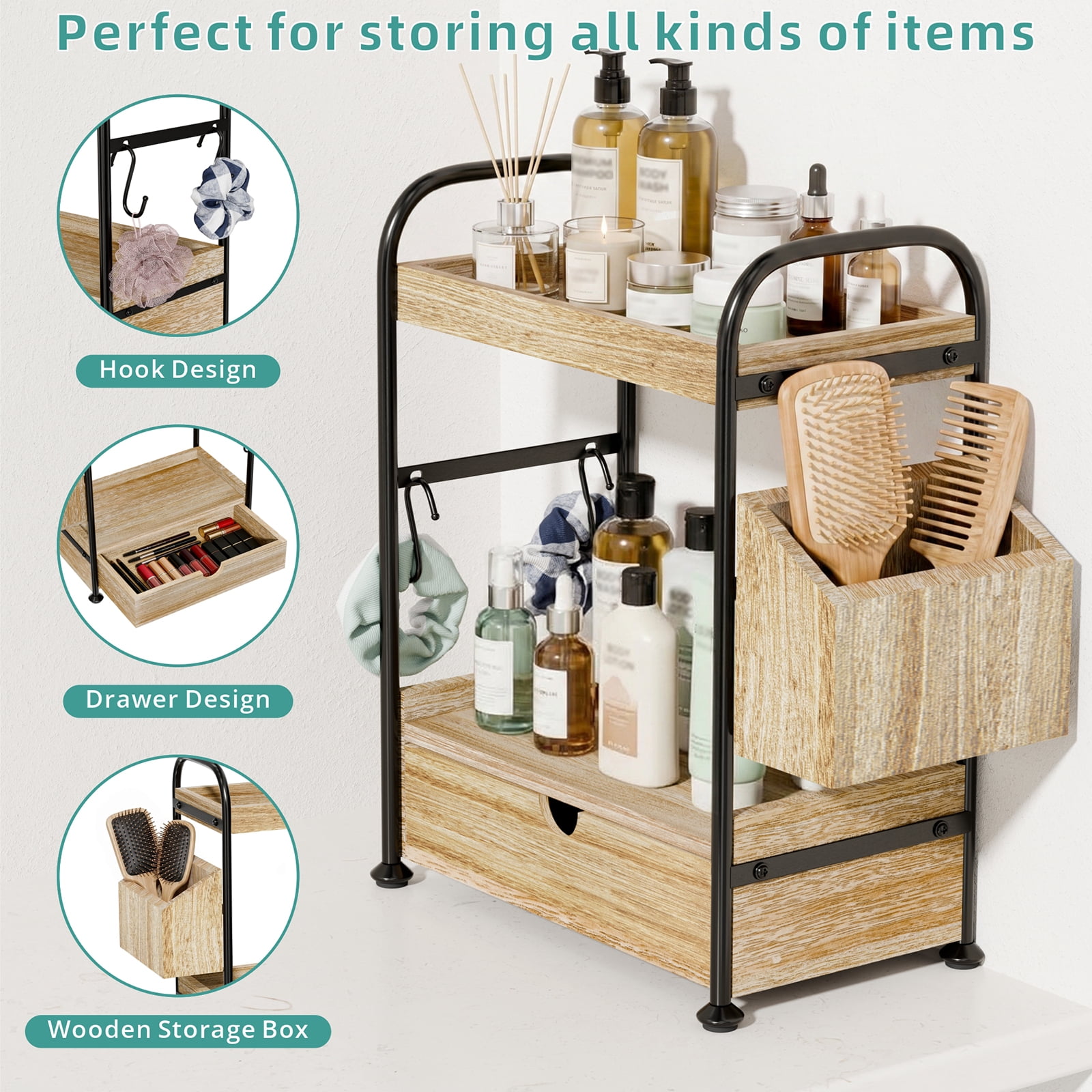 2 Tier Bathroom Counter Organizer with Drawer, Wooden Vanity Skincare Storage Shelf with Thickened Iron Frame, Countertop Shelves with Basket and Hooks for Bathroom Makeup Organization (Light Brown)