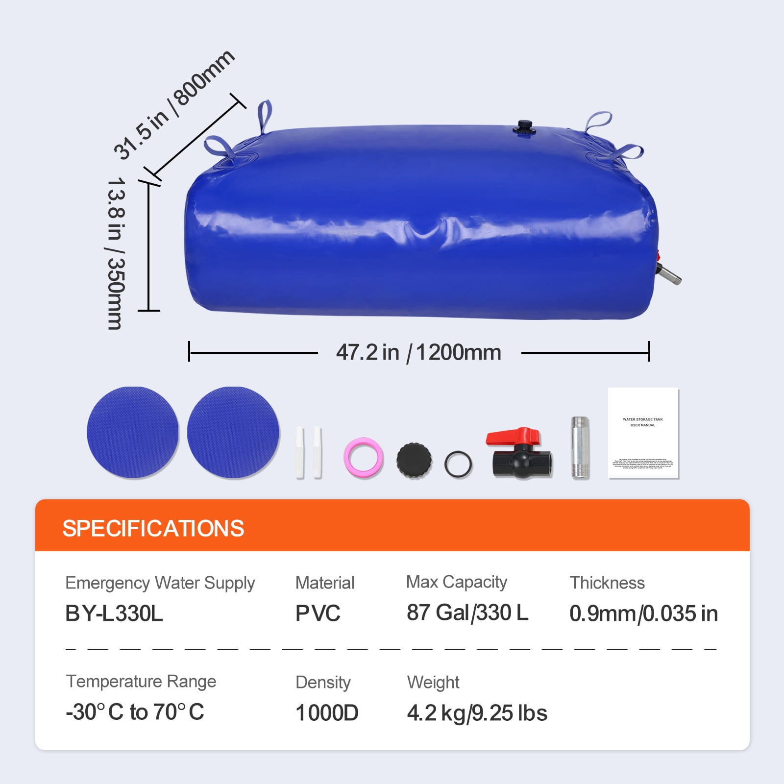 KFFKFF Water Storage Bladder 330L / 87Gallon Portable Water Tank PVC Collapsible Water Containers, RV Storage Tank, Soft Water Bag for Camping, Fire Safety, Emergency Hydration (Blue)