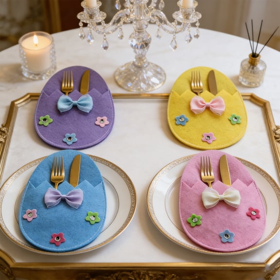 4Pcs Easter Egg Shaped Cutlery Holders, Felt Utensil Pouch with Bow & Flower Decor, Easter Table Setting for Dinner & Party Supplies