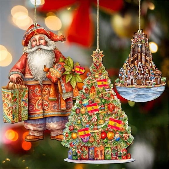 4.5 x 3 in. Santa Aroubf the World Spanish Inspired Santa Wooden Ornaments, Set of 3