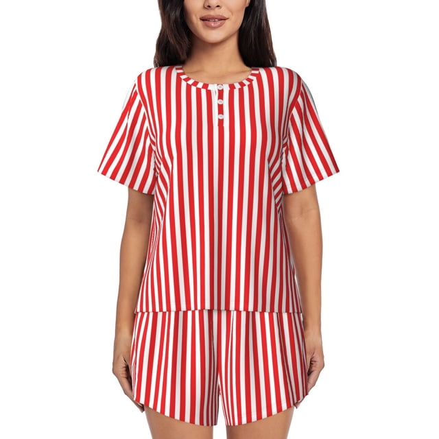 Fotbe Red And White Stripes Conjunto de Pijama Estampado para Mujer, 2 Piezas, Ropa de Dormir con Camiseta de Manga Corta y Shorts Suaves-3X-Large