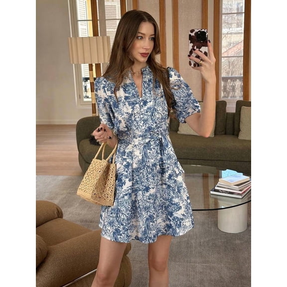 Multicolor French Toile Print Stand Collar Belted Mid-Sleeve Casual Dress For Women